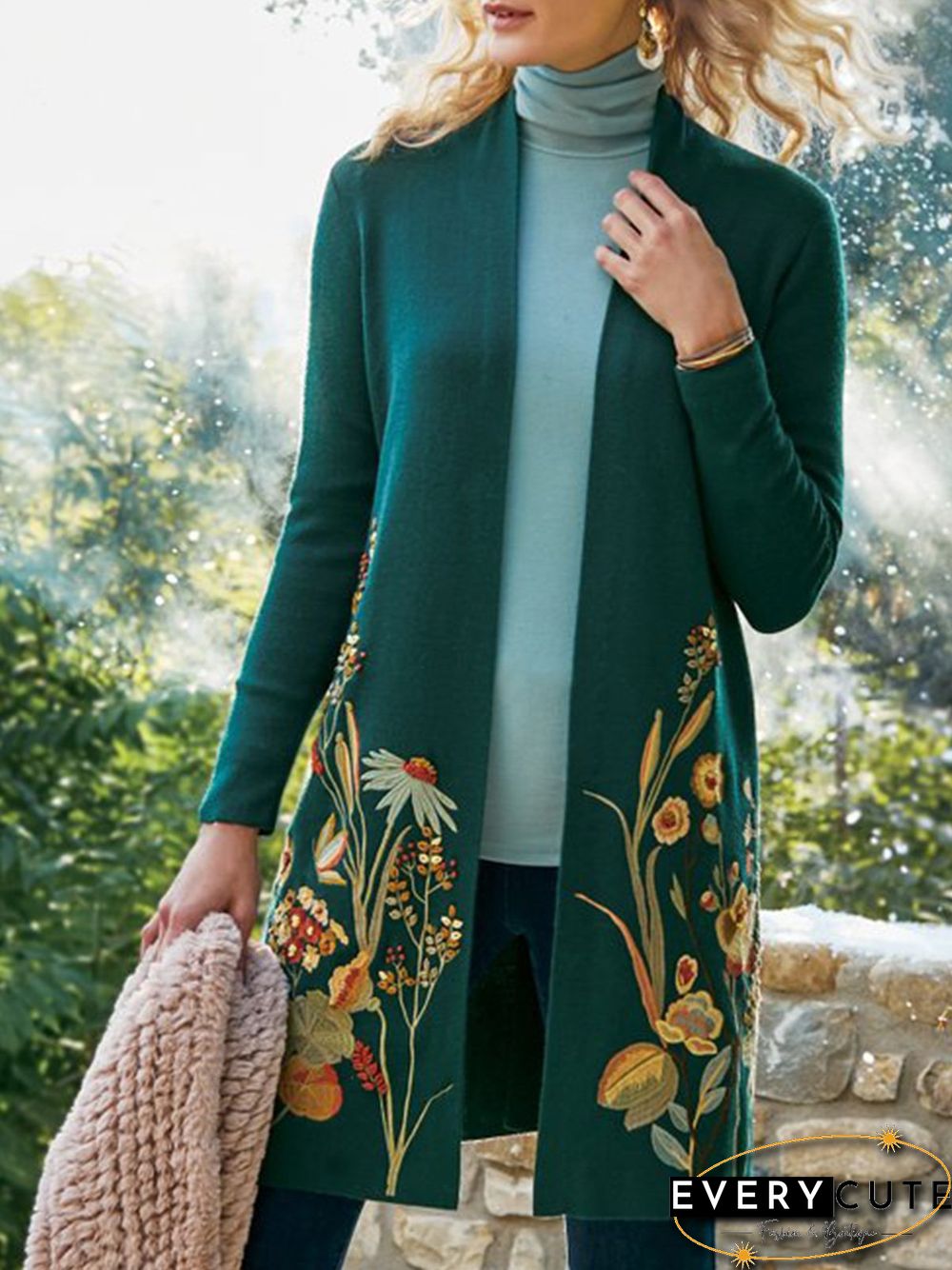 Vacation floral autumn polyester natural mid-weight daily plus size long sleeve jacket