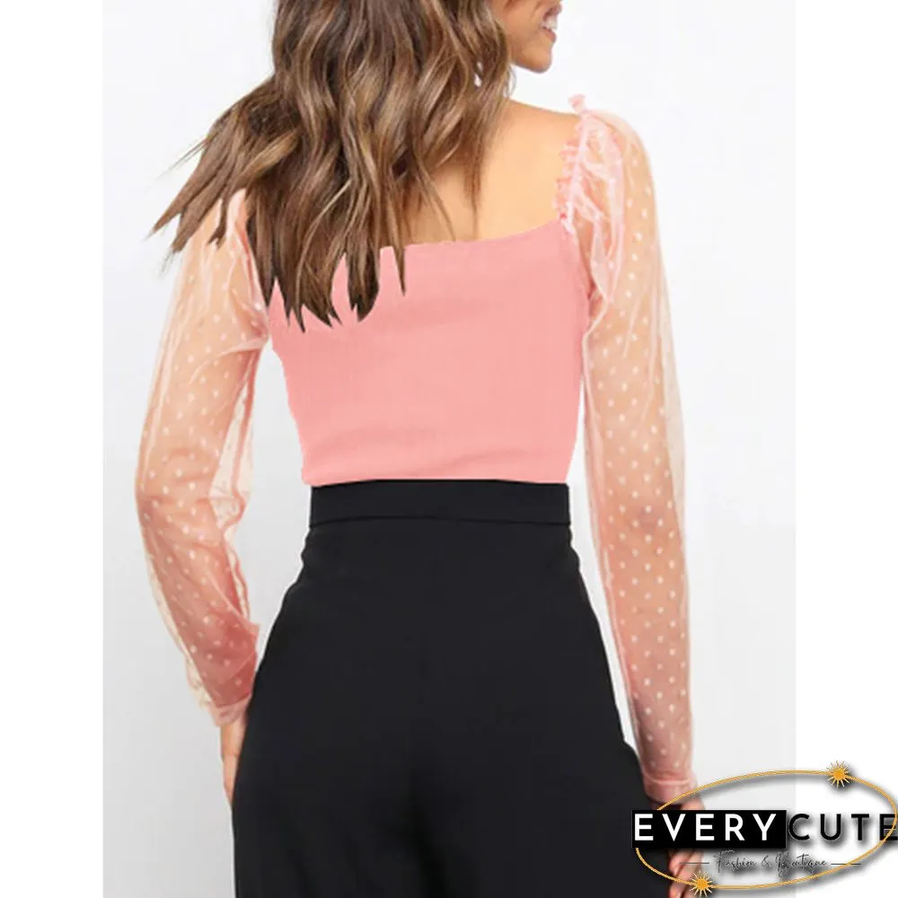 Pink Slim Fit Ribbed Splicing Lace Long Sleeve Tops