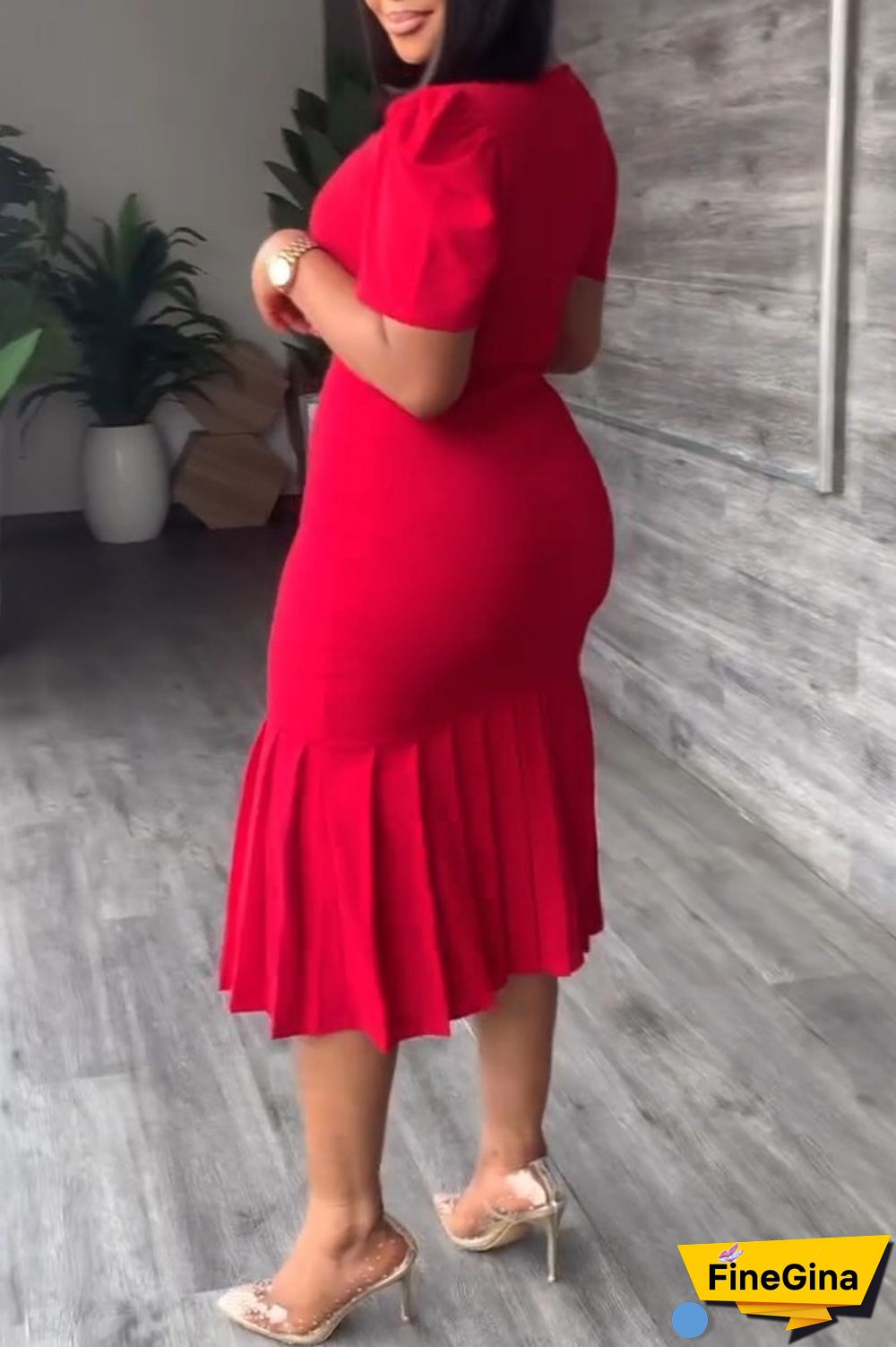 Red Casual Solid Basic O Neck Short Sleeve Dress