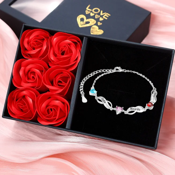 3 Names-Personalized Infinity Bracelet Gift Set With Rose Box-Custom Bracelet With 3 Birthstones Engraved 3 Names Bracelet Gift For Women