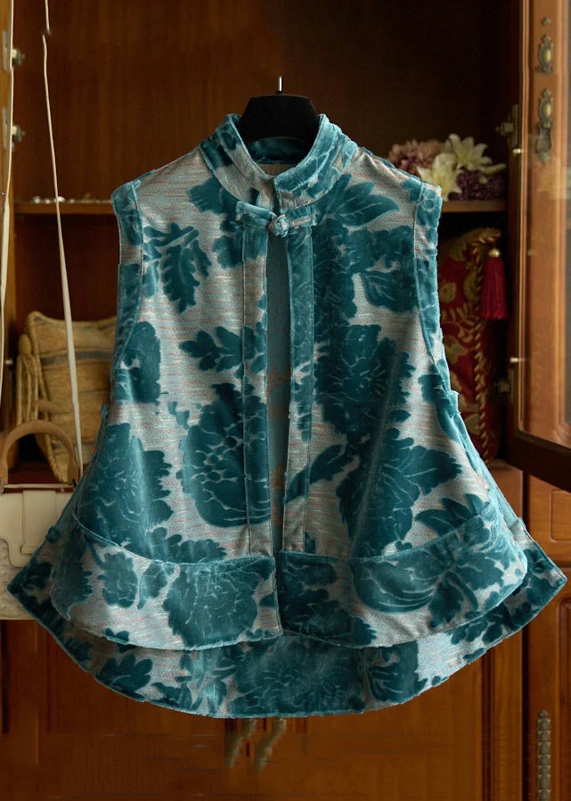 French Blue Print Low High Design Cotton Waistcoat Sleeveless
