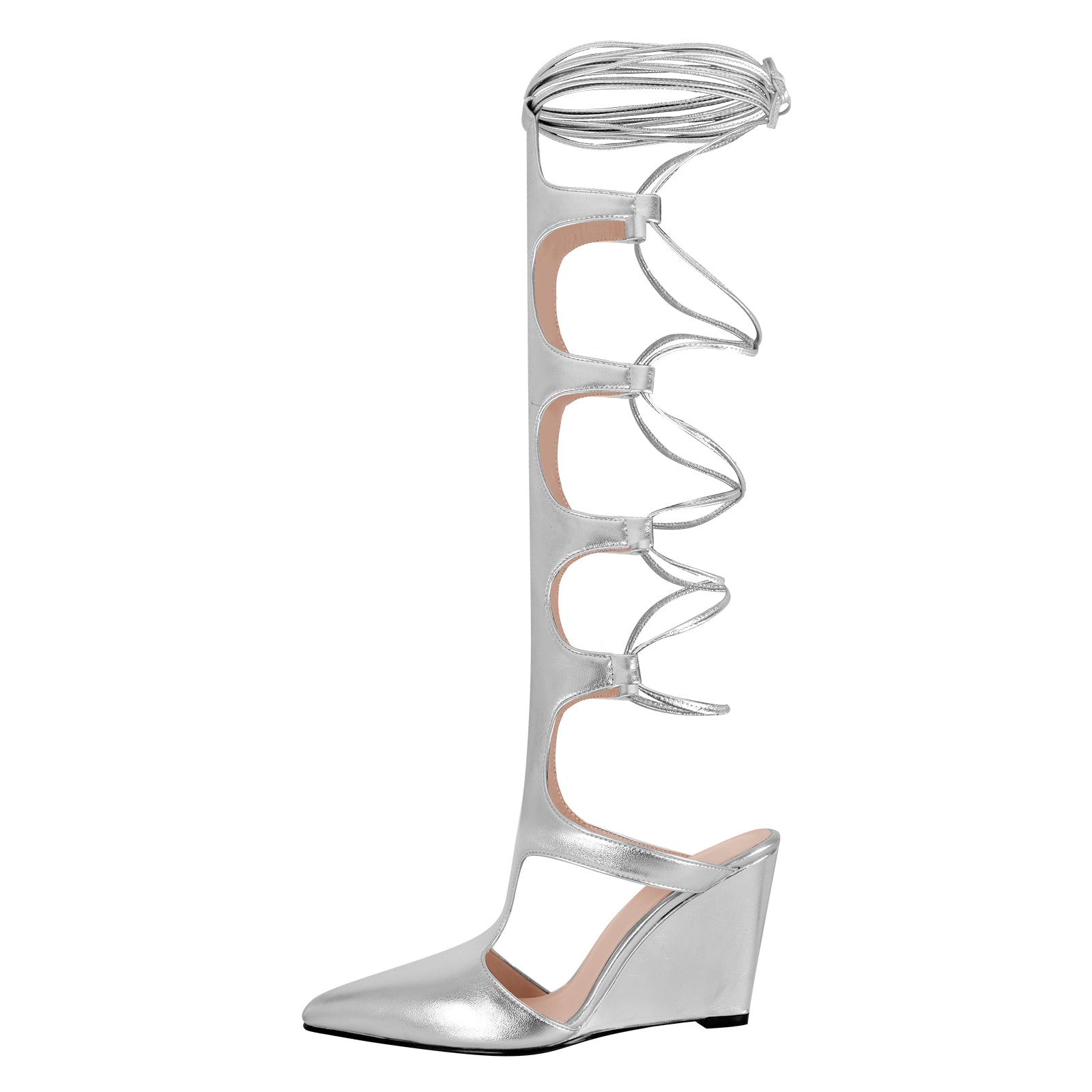 GOOSHOE Silver Pointy Toe Patent Heels Wrapped Knee High Shoes Office Wedge Pumps