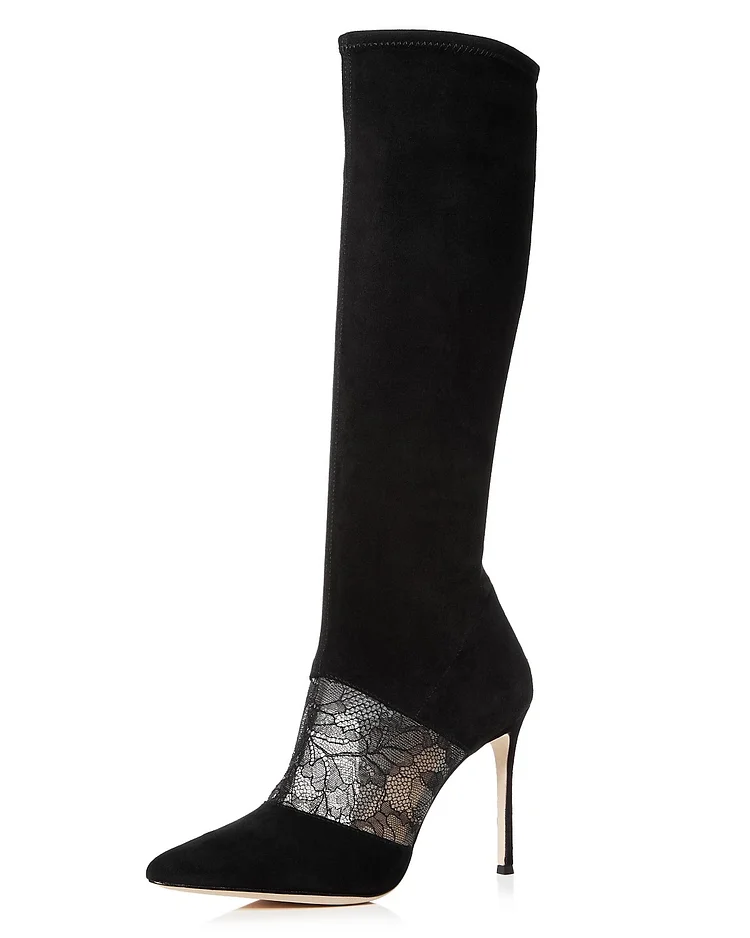 Black Floral Stiletto Mid-Calf Boots Vdcoo