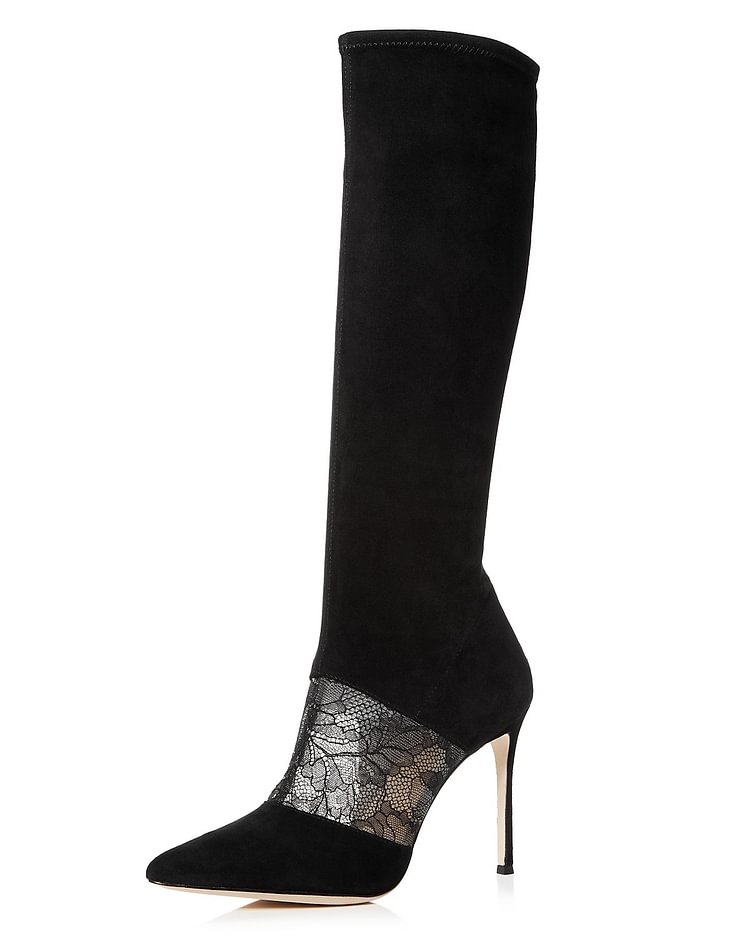 Black Suede Lace Floral Stiletto Boots Mid-Calf Boots |FSJ Shoes