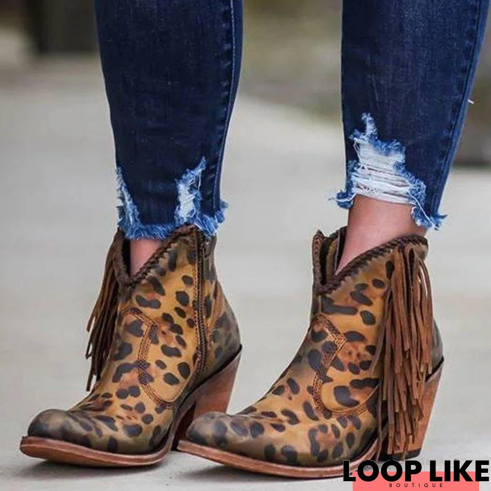 Leopard Tassel Low Heel Boots