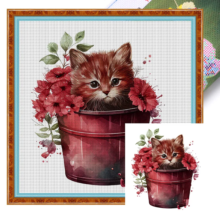 Teacup Flowers Cat 11CT Stamped Cross Stitch 50*50CM