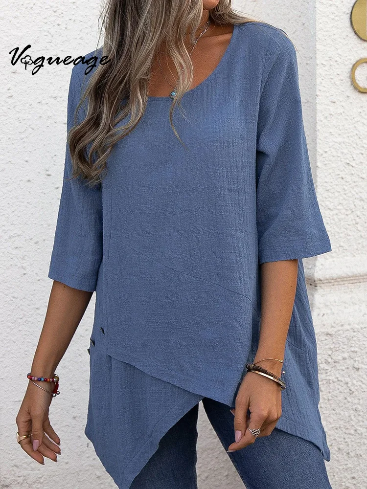 Simple Round Neck Half Sleeve Irregular Cotton And Linen Shirt