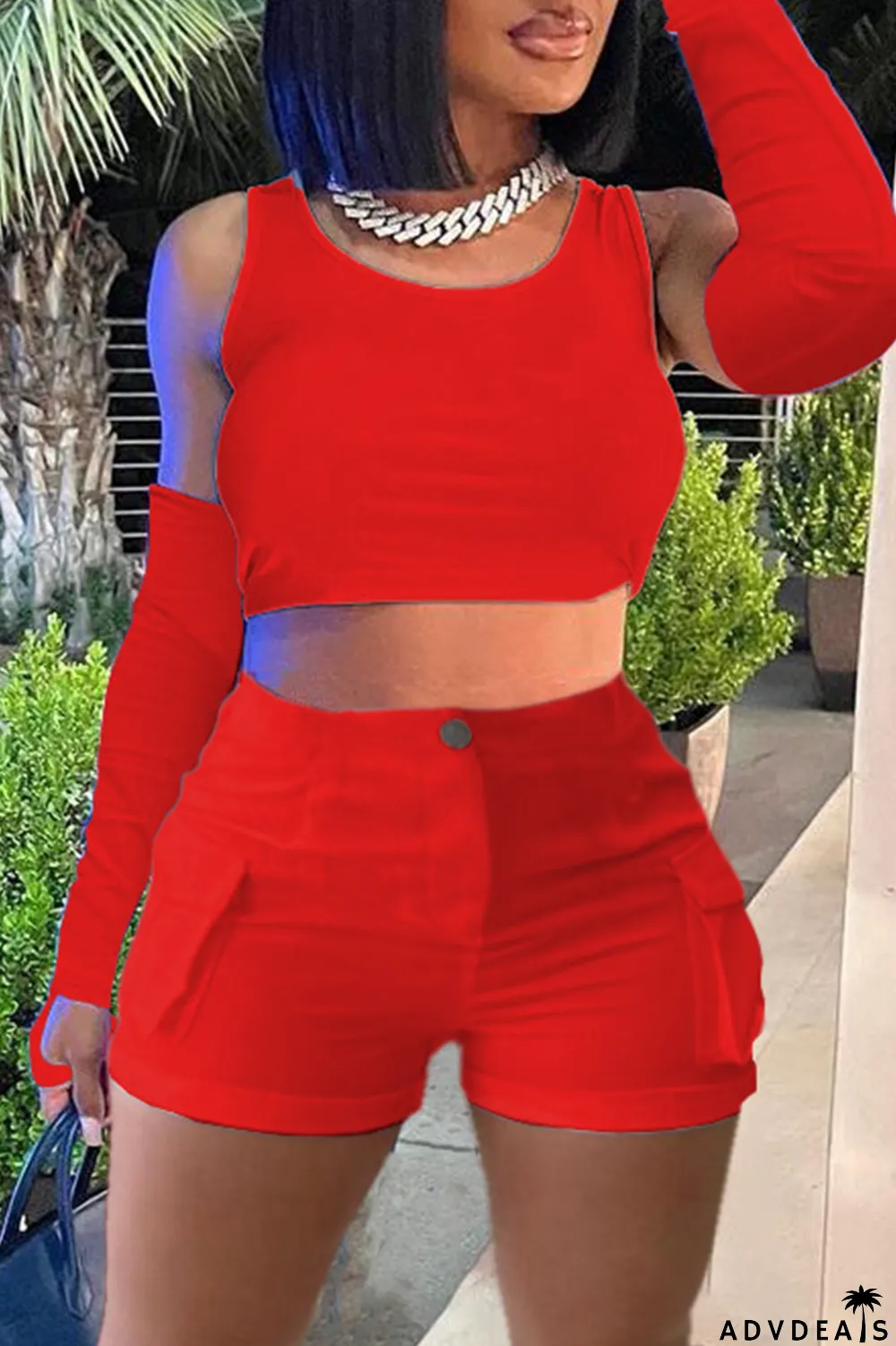 Khaki Casual Solid Basic O Neck Four Piece Set (With Sleeves)