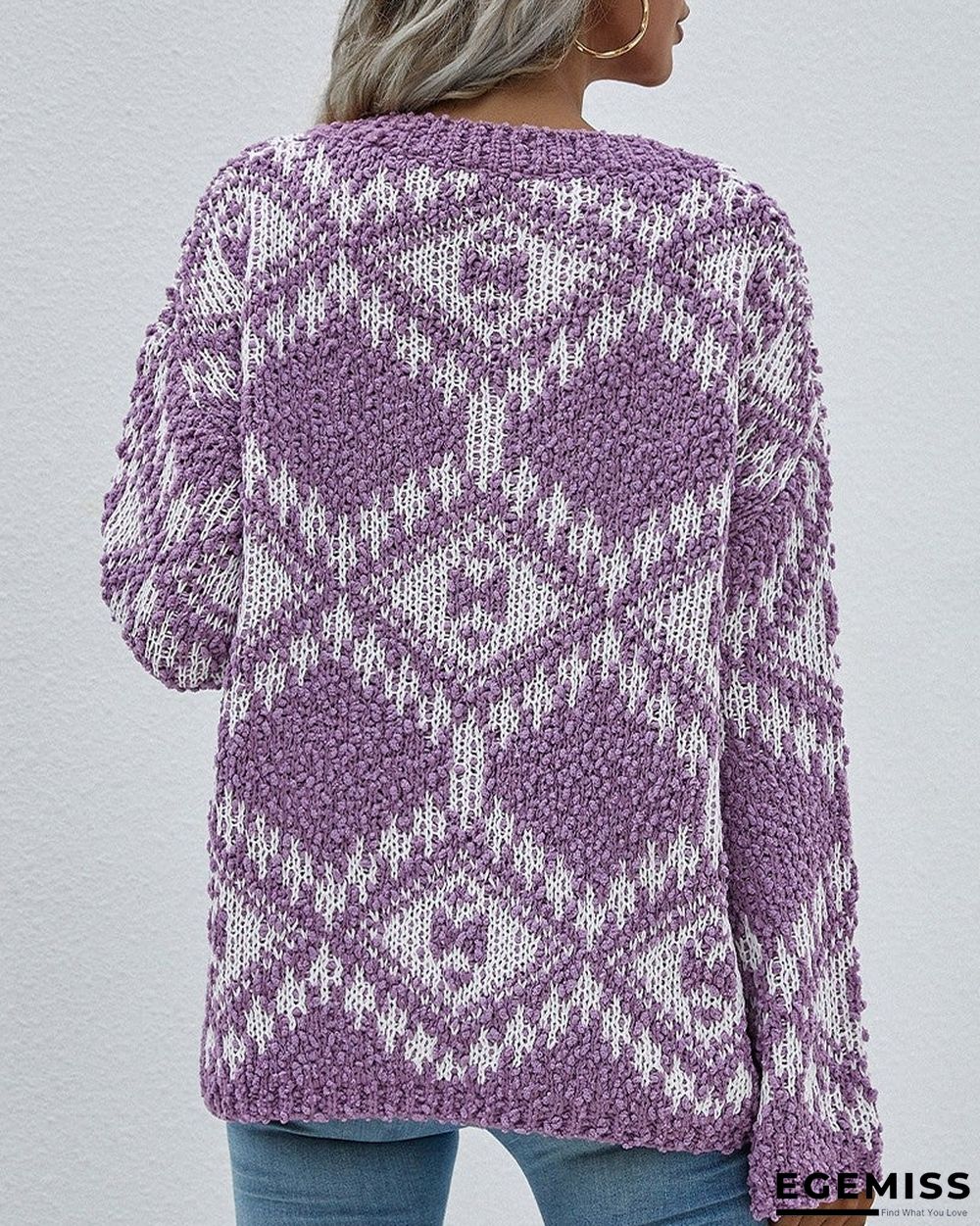 Geo Pattern Long Sleeve V-Neck Sweater | EGEMISS