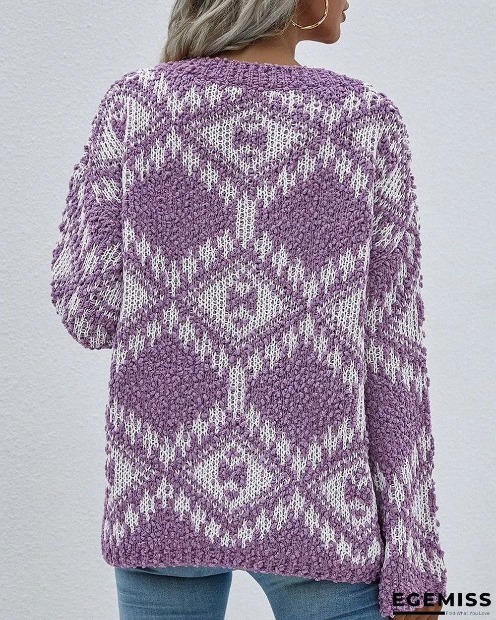 Geo Pattern Long Sleeve V-Neck Sweater | EGEMISS