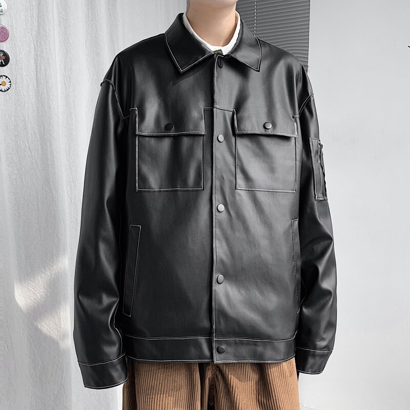 japanese Chic Solid Color Oversize Men Faux Leather Jacket Spring Moto Vintage Motorcycle Jacket Men Plus Size 2025 B40