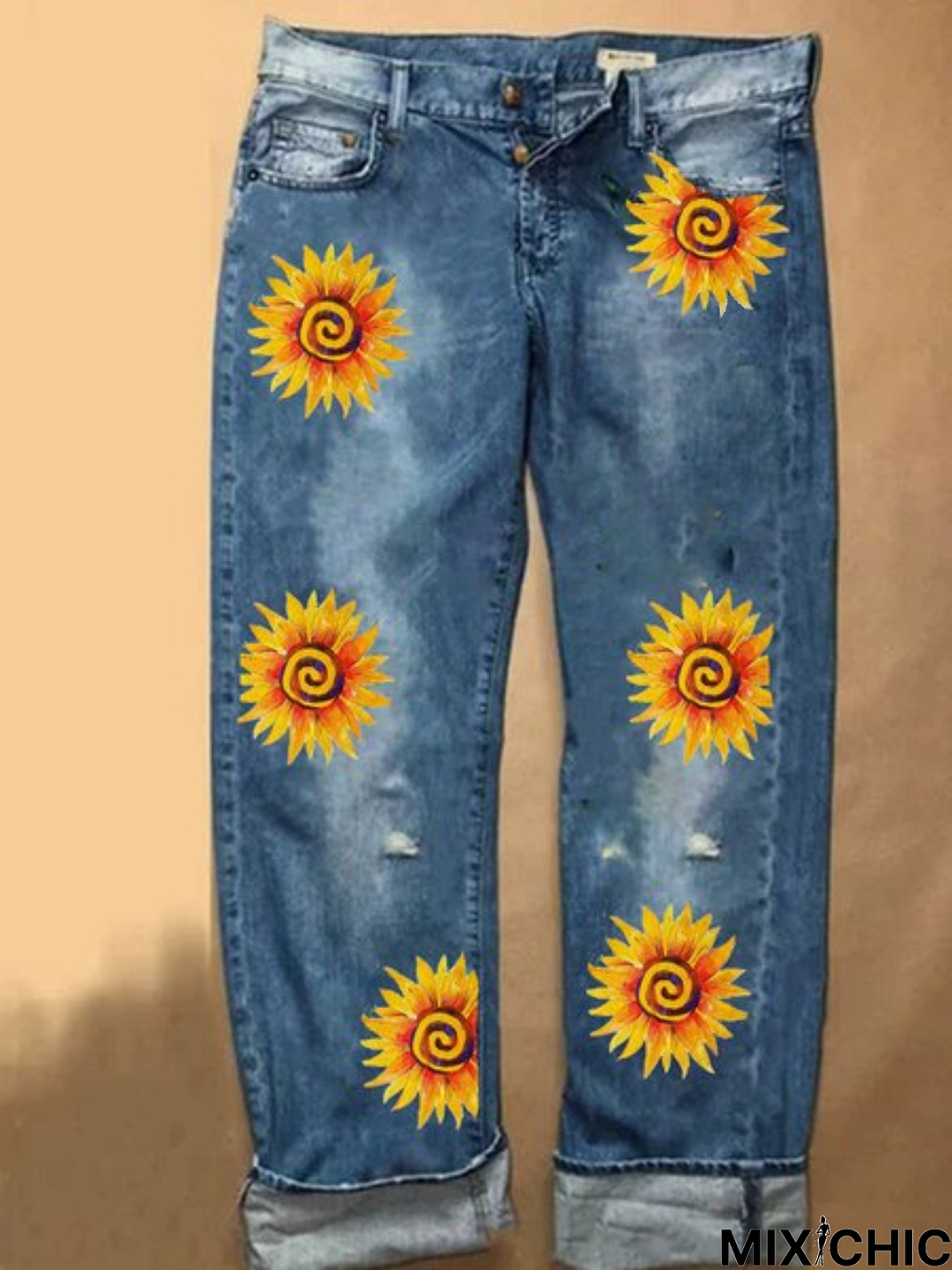 Vintage Casual Plus Size Floral Printed Jeans Jeans