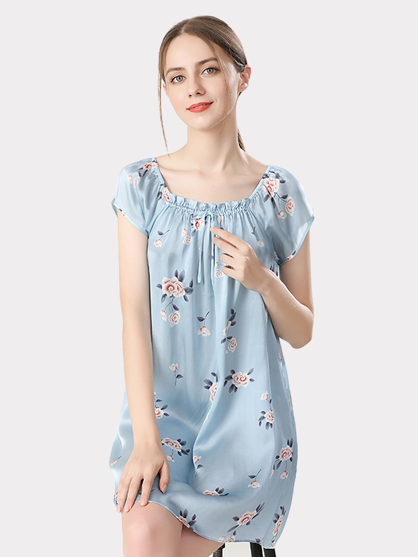 Blue Floral Printed Silk Nightgowns For Women