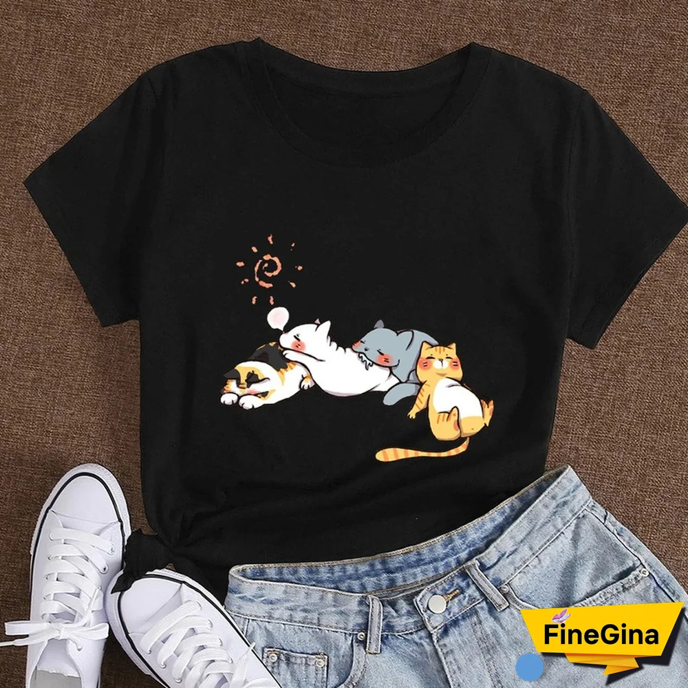 Cotton 100% Women's T Shirt Summer Short Sleeve Nap Cat Print Fashion Kawaii Female Clothes Casual O-Neck Tshirt Ladies Tee Tops