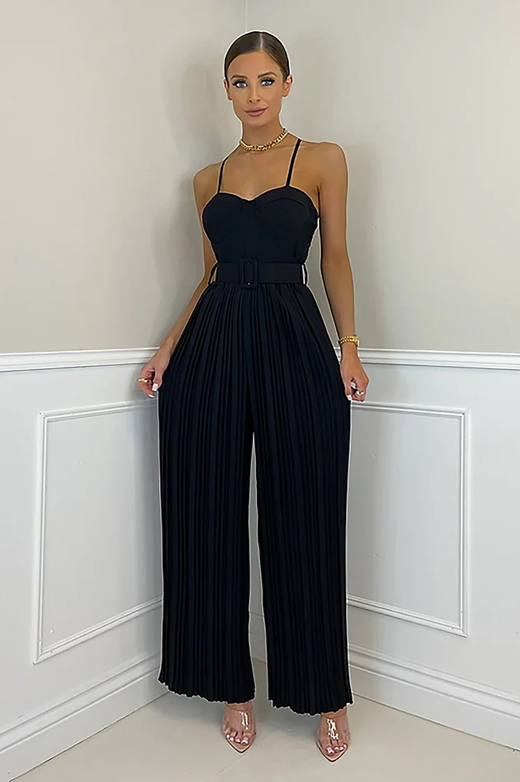 Solid Pleated Wide Leg Jumpsuit