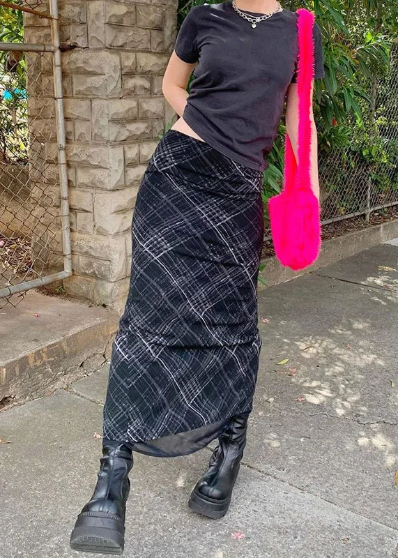 Women Black Plaid High Waist Patchwork Tulle Skirts Summer