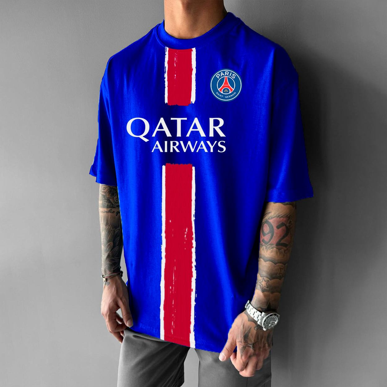  Bold Blue Football Jersey with Red Stripes and Sponsor Logo