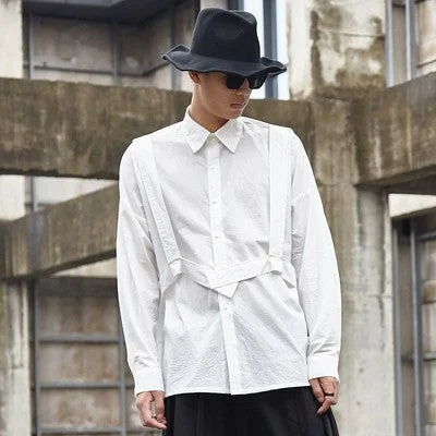 Trendy Japanese Solid Color Long-sleeved Strap Shirts-dark style-men's clothing-halloween