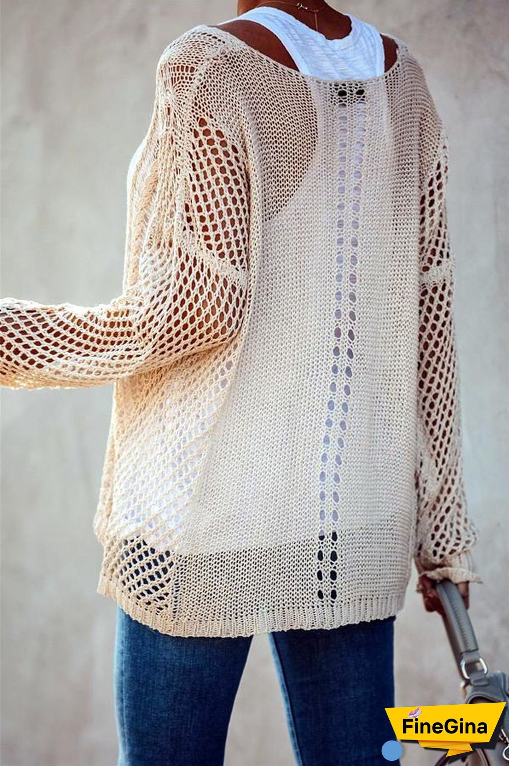 Beige Plain Long Sleeve V-Neck Knit Top