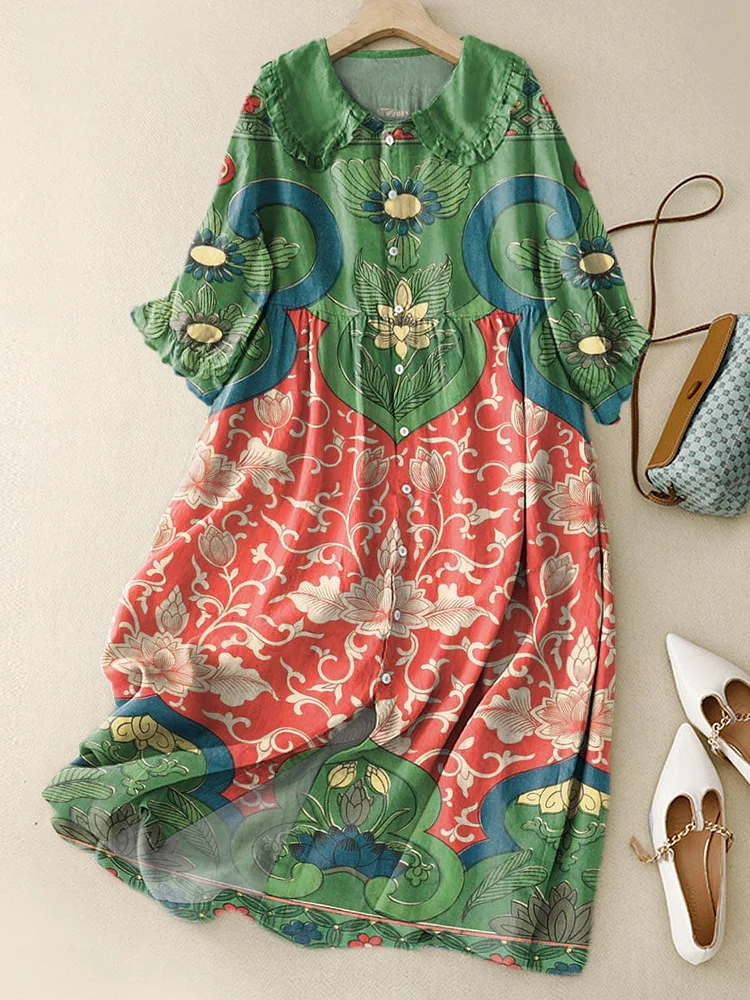 Women‘s Vintage Floral Art Print Peter Pan Collar Cotton Dress