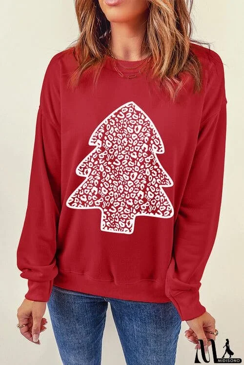 MidiSono - Christmas Tree Graphic Round Neck Sweatshirt