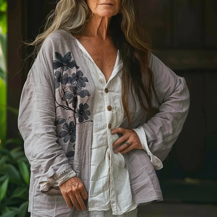 Women's Linen Flower Simple Loose Jacket