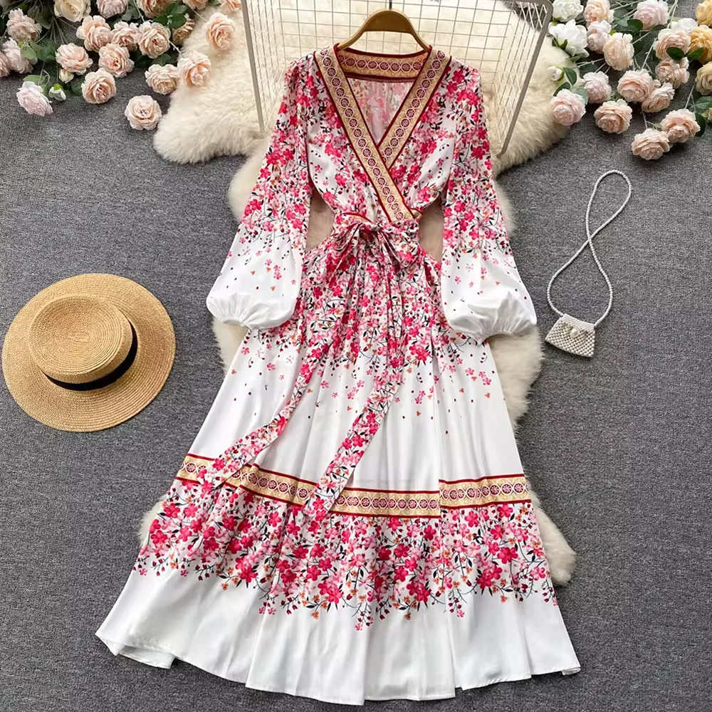 Toloer Toloer Autumn And Winter Women's Fashion Long Sleeve Print Bohemian Medium Long Dress-Outfit Ideas