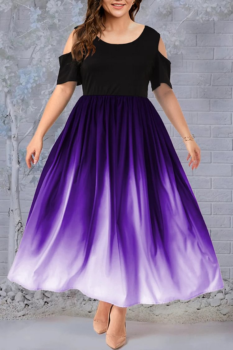 Flycurvy Plus Size Formal Purple Cold Shoulder Round Neck Ombre Maxi Dress  Flycurvy [product_label]
