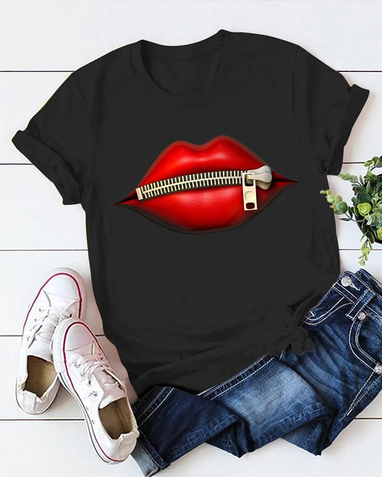 Zipper Lip Print Short Sleeve T Shirt P7330612801