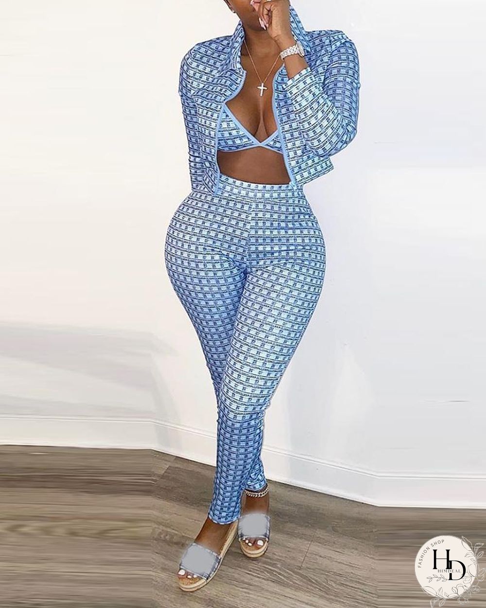 Colorblock Bra & Long Sleeve Coat & Skinny Pants Set P10922