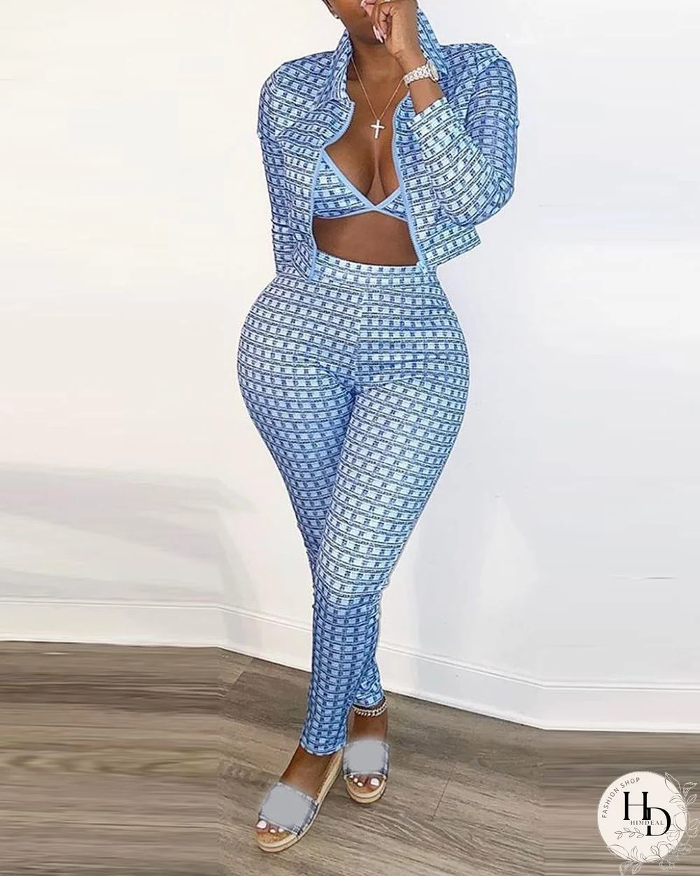 Colorblock Bra & Long Sleeve Coat & Skinny Pants Set P10922