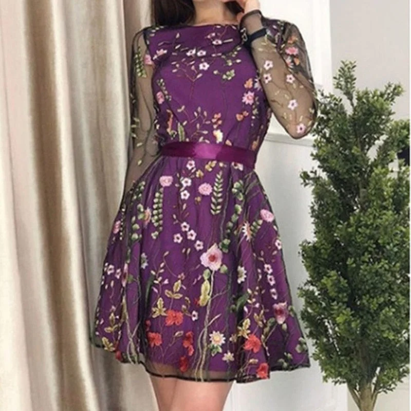 Spring Summer Women Long Sleeve Dress Square Neck Floral Embroidery Lantern Sleeve Casual Dress