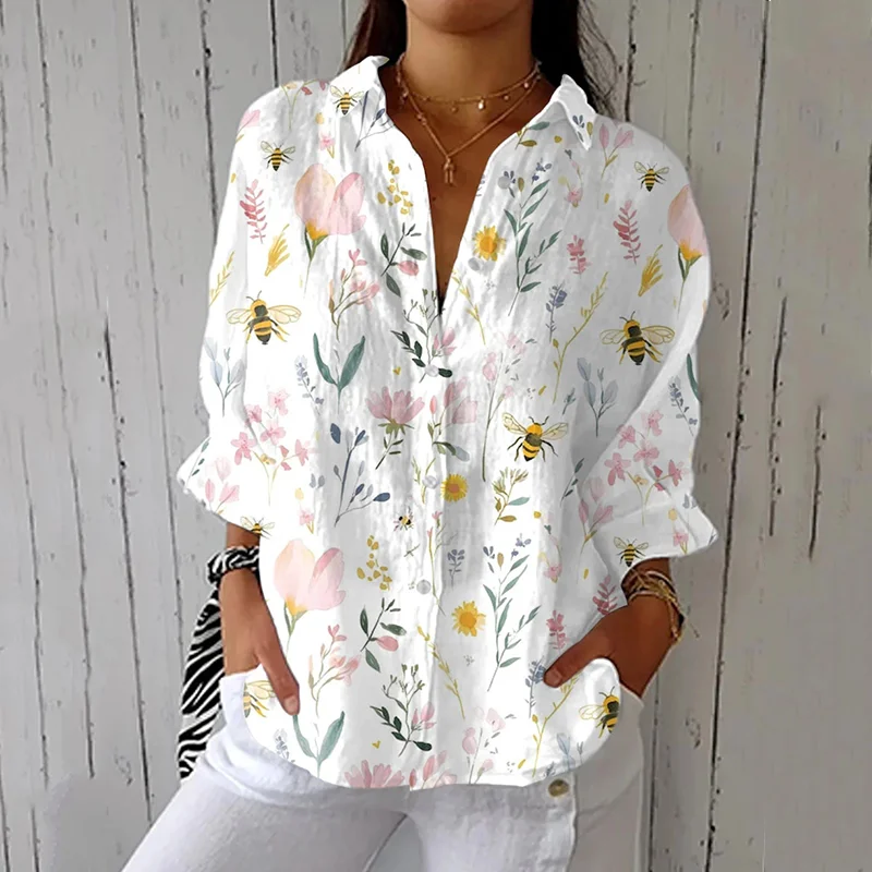Women's Vintage Bee Floral Art Print Casual Linen V-neck Shirt