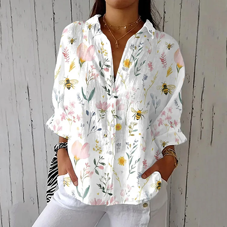 Simpfit Lässiges Nachahmung aus Baumwolle und Leinenhemd mit V-Ausschnitt für Damen im Vintage-Bienen-Blumen-Kunstdruck