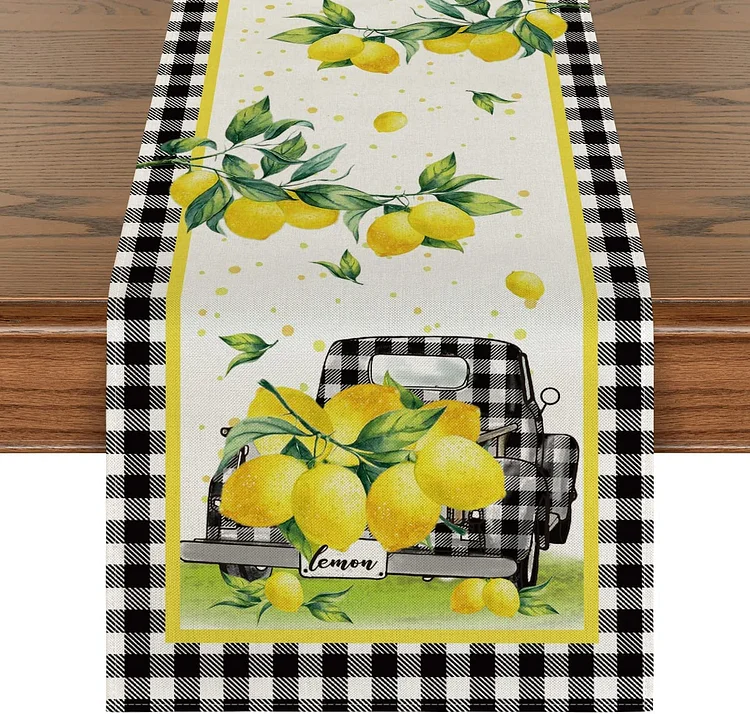 Watercolor Buffalo Plaid Truck Lemon Linen Table Runner Party Decoration Summer Kitchen Dining Table Runner for Home Party Decor