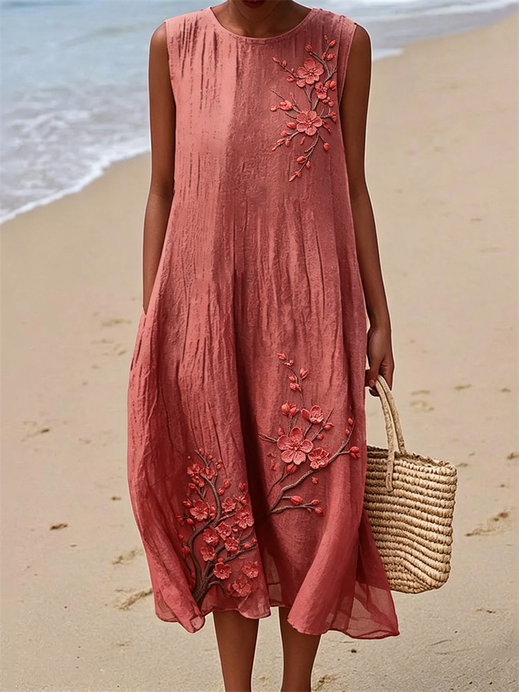 Vintage Plum Blossom Flowy Linen Tank Dress wearshes