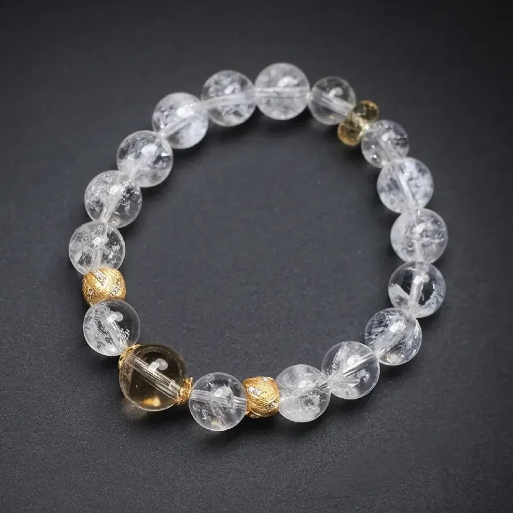 JiStones "Luminous Clarity" Natural White Azeztulite & Citrine Healing Bracelet Ethereal White & Gold-8MM (Delicate)