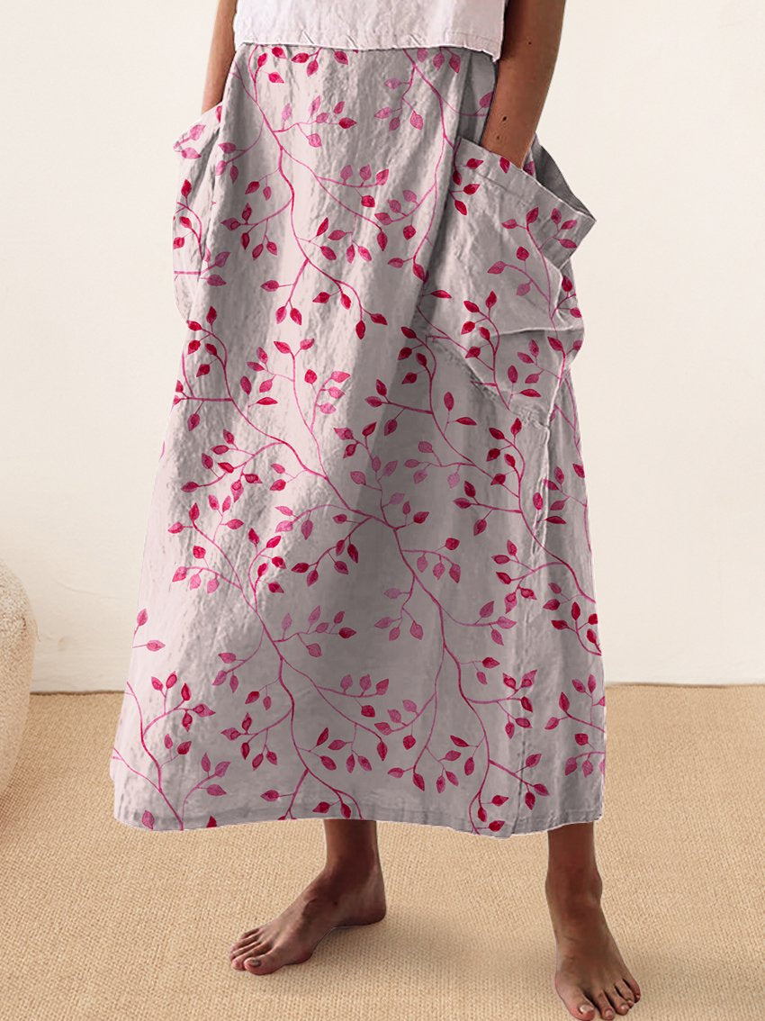 Women's Pink Floral Linen Pocket Skirt