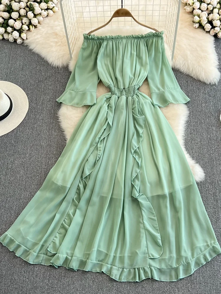 Woherb Summer Off Shoulder Chiffon Dress Women Sexy Slash Neck Ruffle A ...
