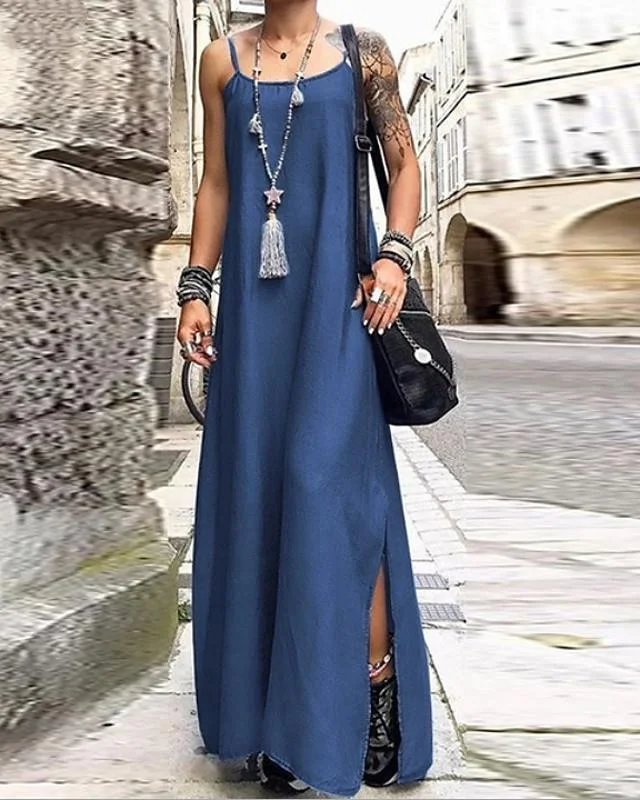 Women's Strap Dress Maxi Long Dress Sleeveless Solid Color Summer Casual Dusty Blue Light Blue
