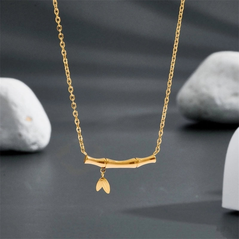 Titanium Steel 18K Gold Plated Minimalist Bamboo Zircon Necklace