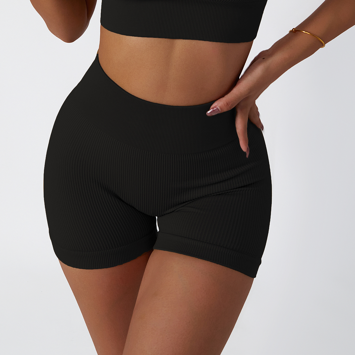 Buy different colors and types of high waist butt lifting ribbed seamless yoga shorts without camel toe on Hergymclothing