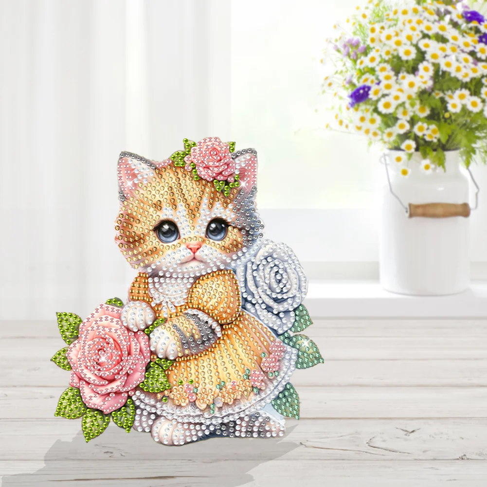 DIY Flower Cat Acrylic Shaking Head Diamond Painting Desktop Ornaments for Home Decor