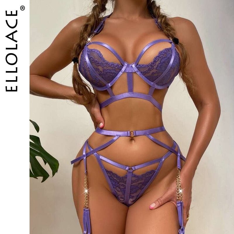 Ellolace Sensual Lingerie Exotic Costumes Sexy Bottom Whore Hollow Out Halter Bra 3-Piece Sissy Pornographic Erotic Garments