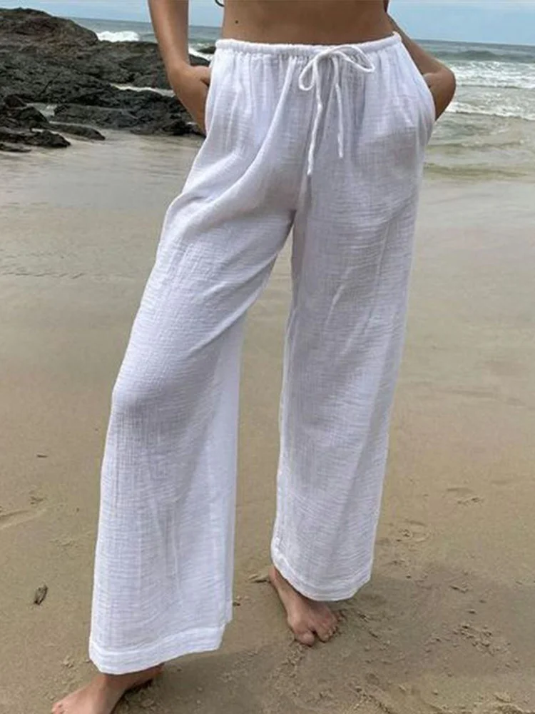 Simple Solid Color Lacing Linen Casual Pants