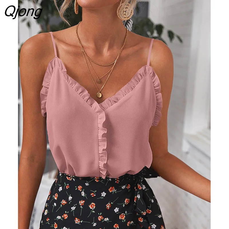 Qjong Women 2022 New Summer Temperament Sexy V-Neck Ruffles Backless Pullover Solid Chiffon Camisole Top Women's Clothing