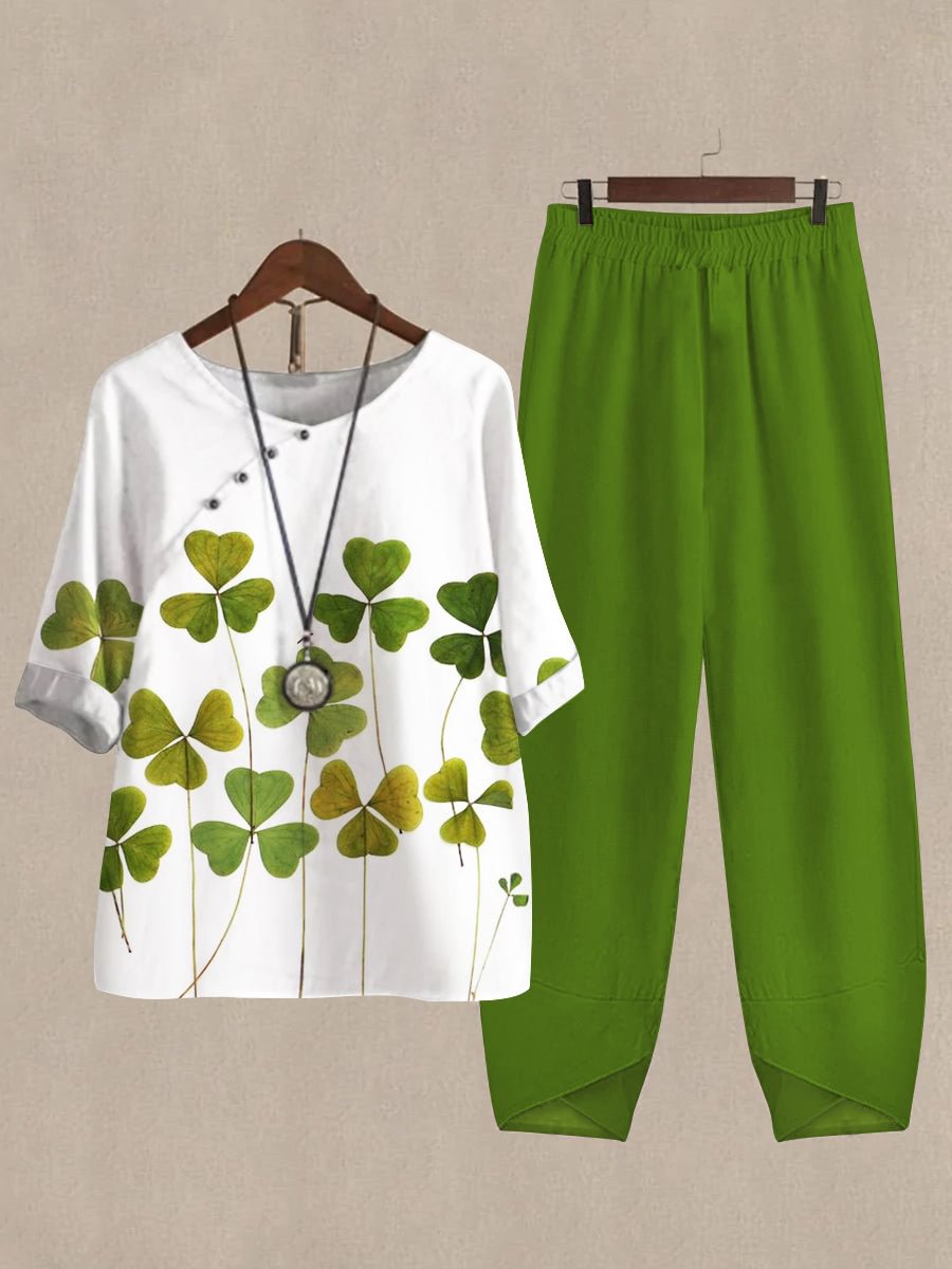 Linen Casual Women's Clover Print Two Pieces Set