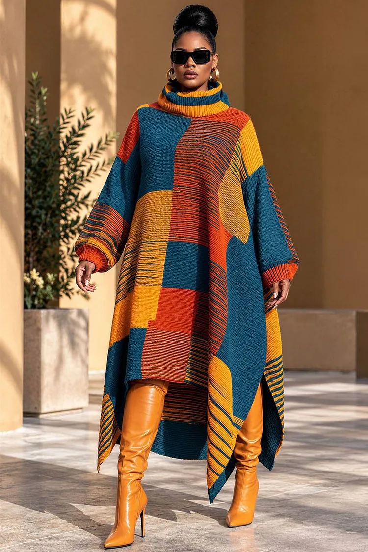 Xpluswear Design Plus Size Daily Yellow Colorblock High Collar Lantern Sleeve Long Sleeve Asymmetric Hem Irregular Hem Crochet Midi Dresses [Pre-Order] 2024 - Xpluswear