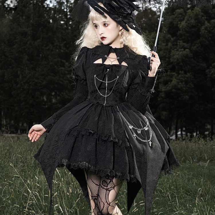 Gothic Dark Lolita Cutout Paneled Jacquard Bubble Dress