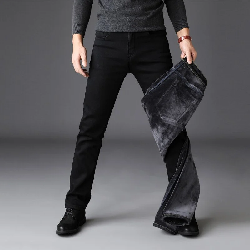 Oocharger Warm Fleece Slim Fit Denim Casual Pants 2023 Men's Classic Casual Black Fashionable Comfy Stretch Business Jeans Trousers